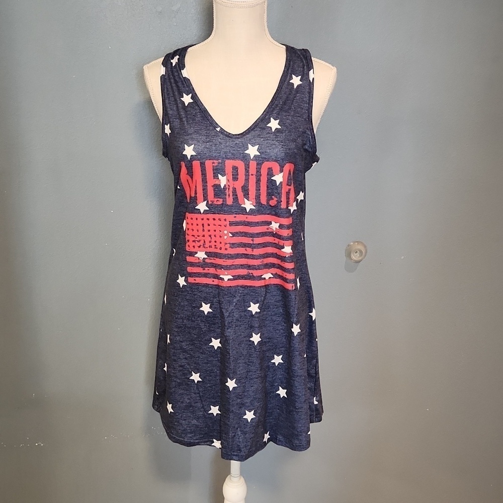 Amazon Essentials America patriotic starsflag sleeveless vneck midi summ…